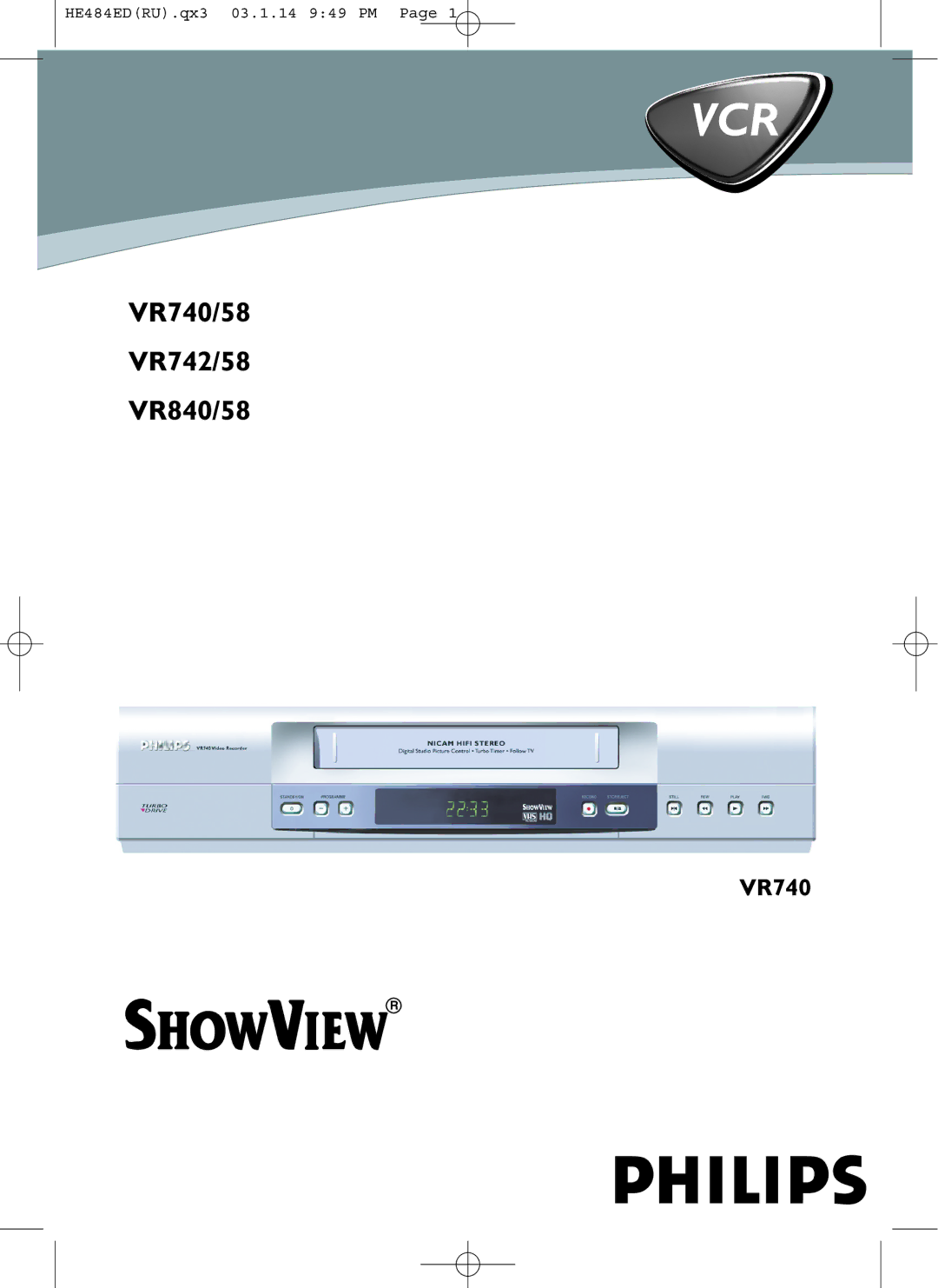 Philips manual Vcr, VR740/58 VR742/58 VR840/58 