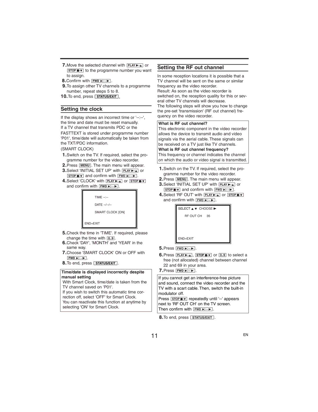 Philips VR750/07, VR752/07 manual Setting the clock, Setting the RF out channel 