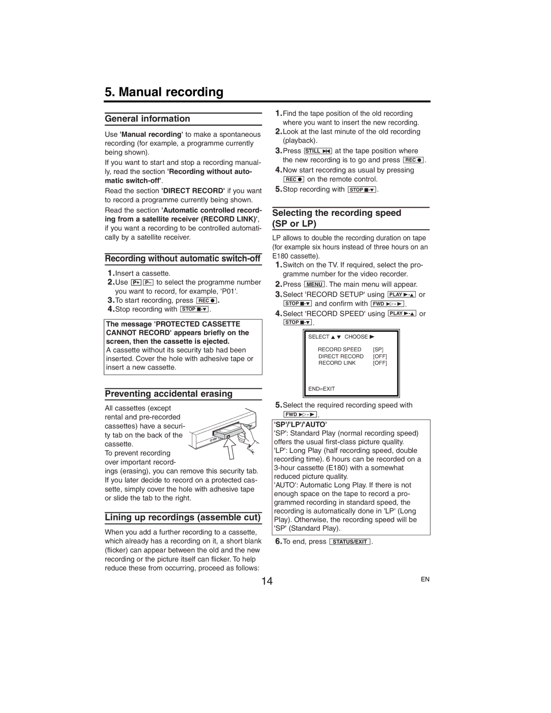 Philips VR752/07, VR750/07 manual Manual recording 