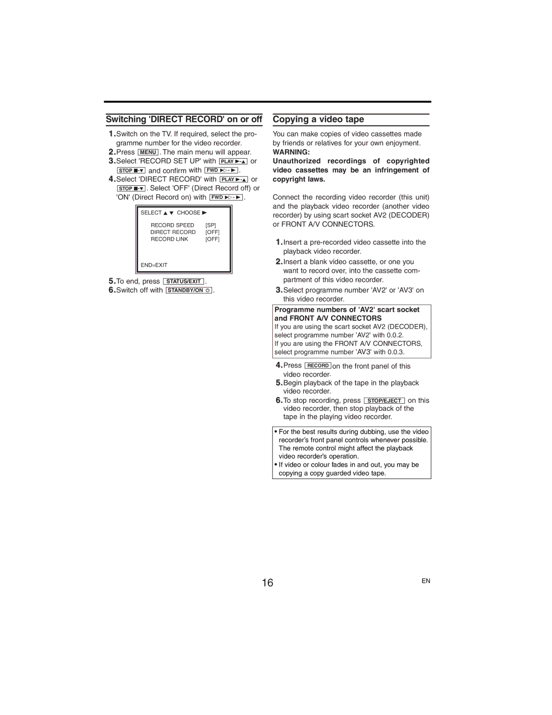 Philips VR752/07, VR750/07 manual Switching Direct Record on or off, Copying a video tape 