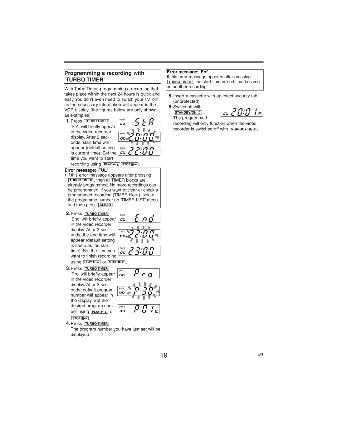 Philips VR750/07, VR752/07 manual Programming a recording with, Error message Err, Error message FUL 