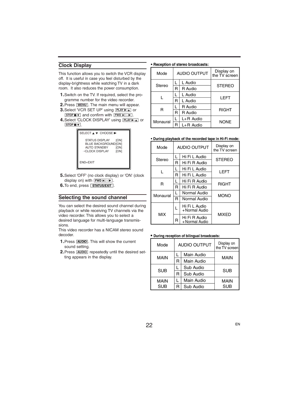 Philips VR752/07, VR750/07 manual Clock Display, Selecting the sound channel, Reception of stereo broadcasts 