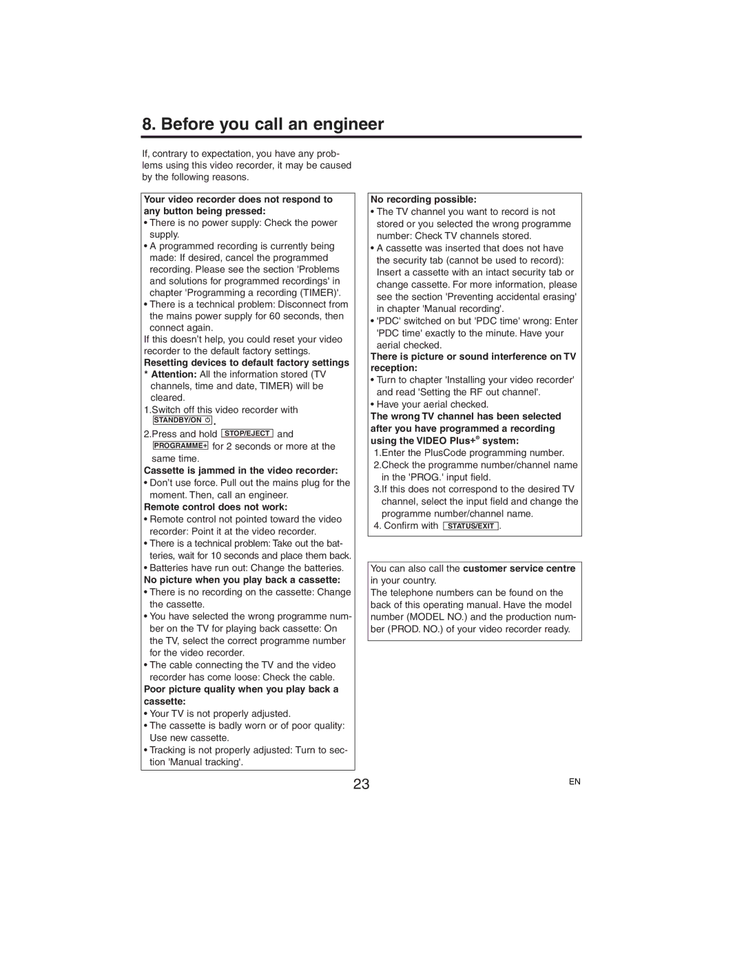 Philips VR750/07, VR752/07 manual Before you call an engineer 