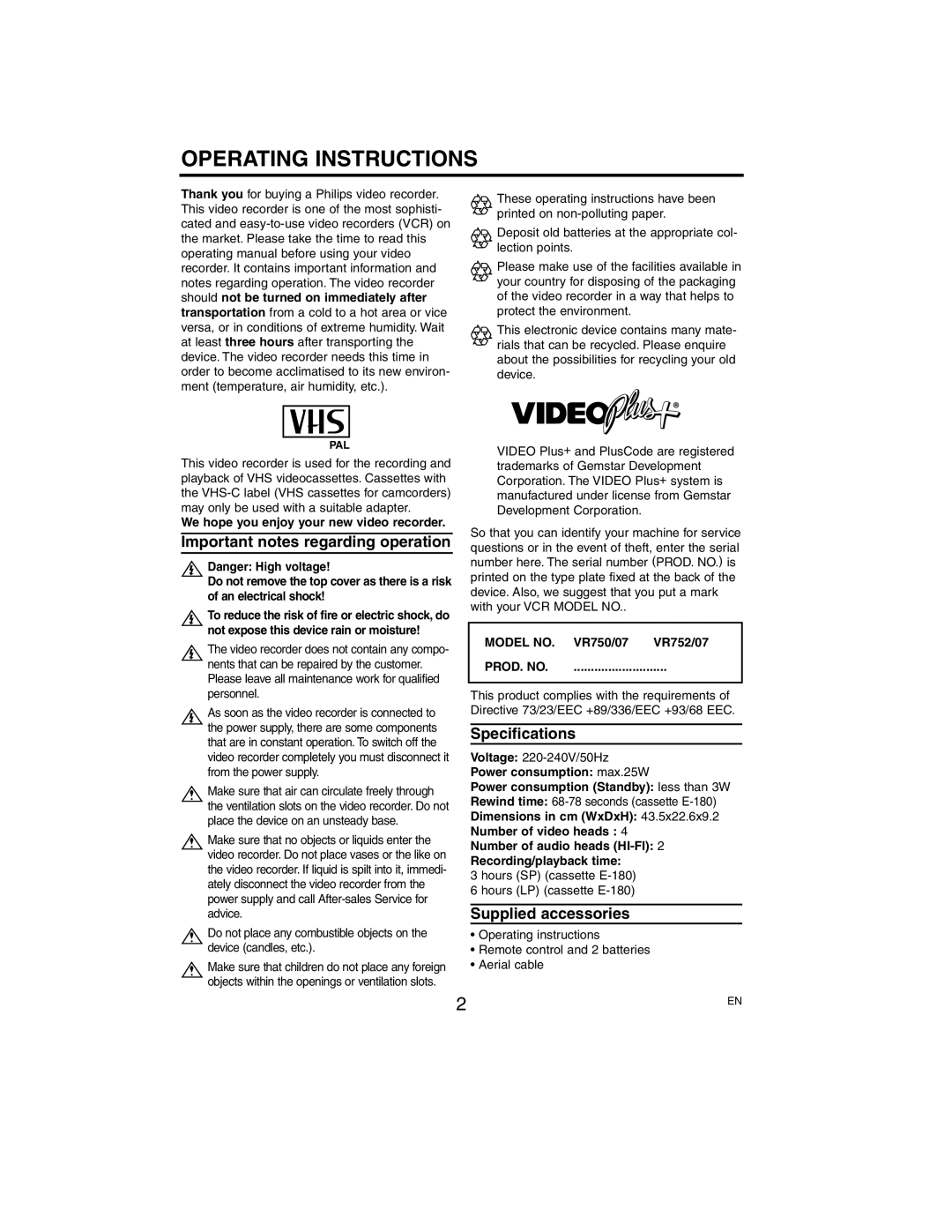 Philips VR750/07, VR752/07 manual Important notes regarding operation, Specifications, Supplied accessories 