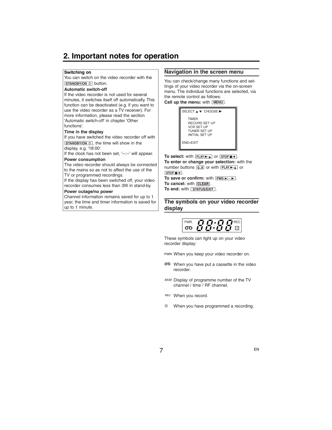 Philips VR750/07 Important notes for operation, Navigation in the screen menu, Symbols on your video recorder display 