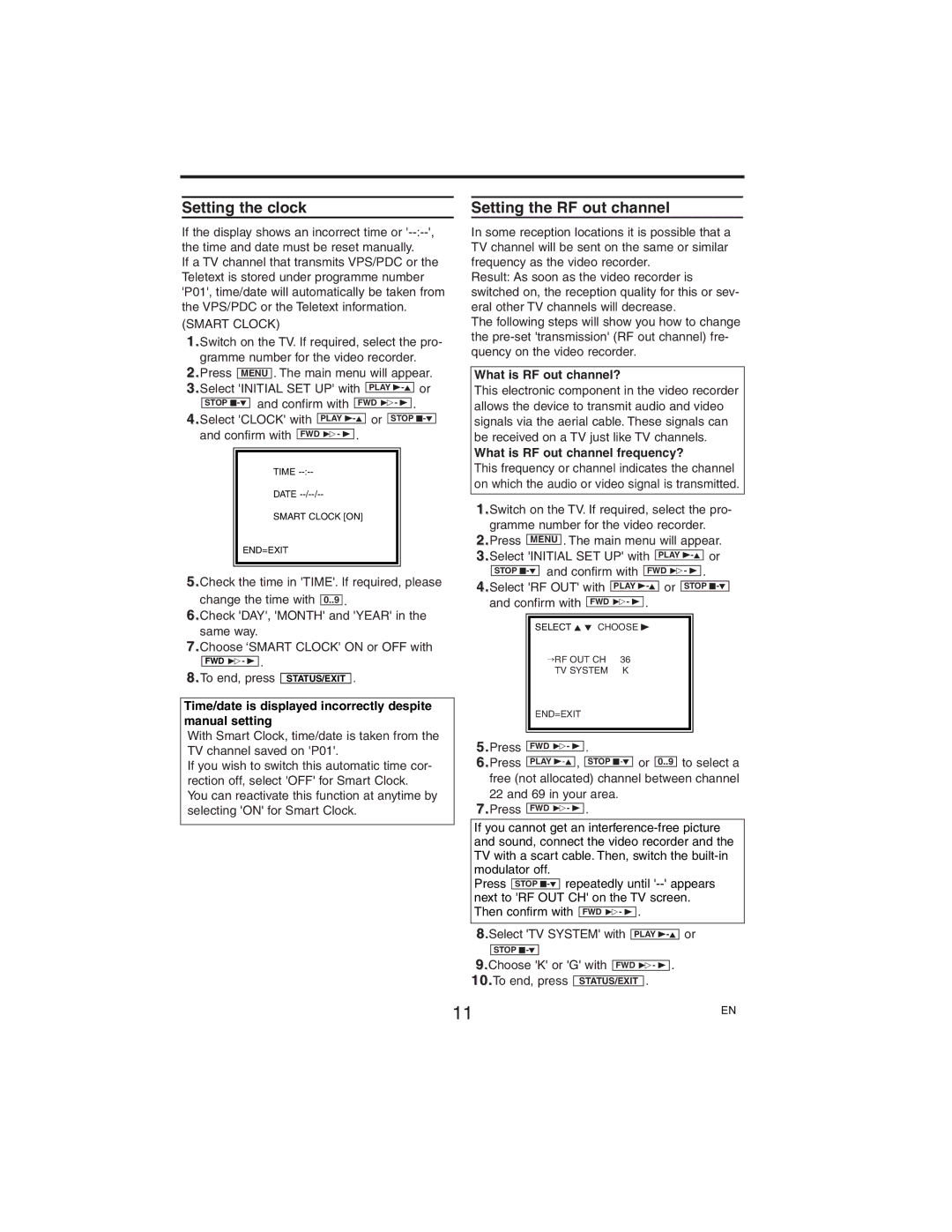 Philips VR750/58, VR752/58 manual Setting the clock, Setting the RF out channel 