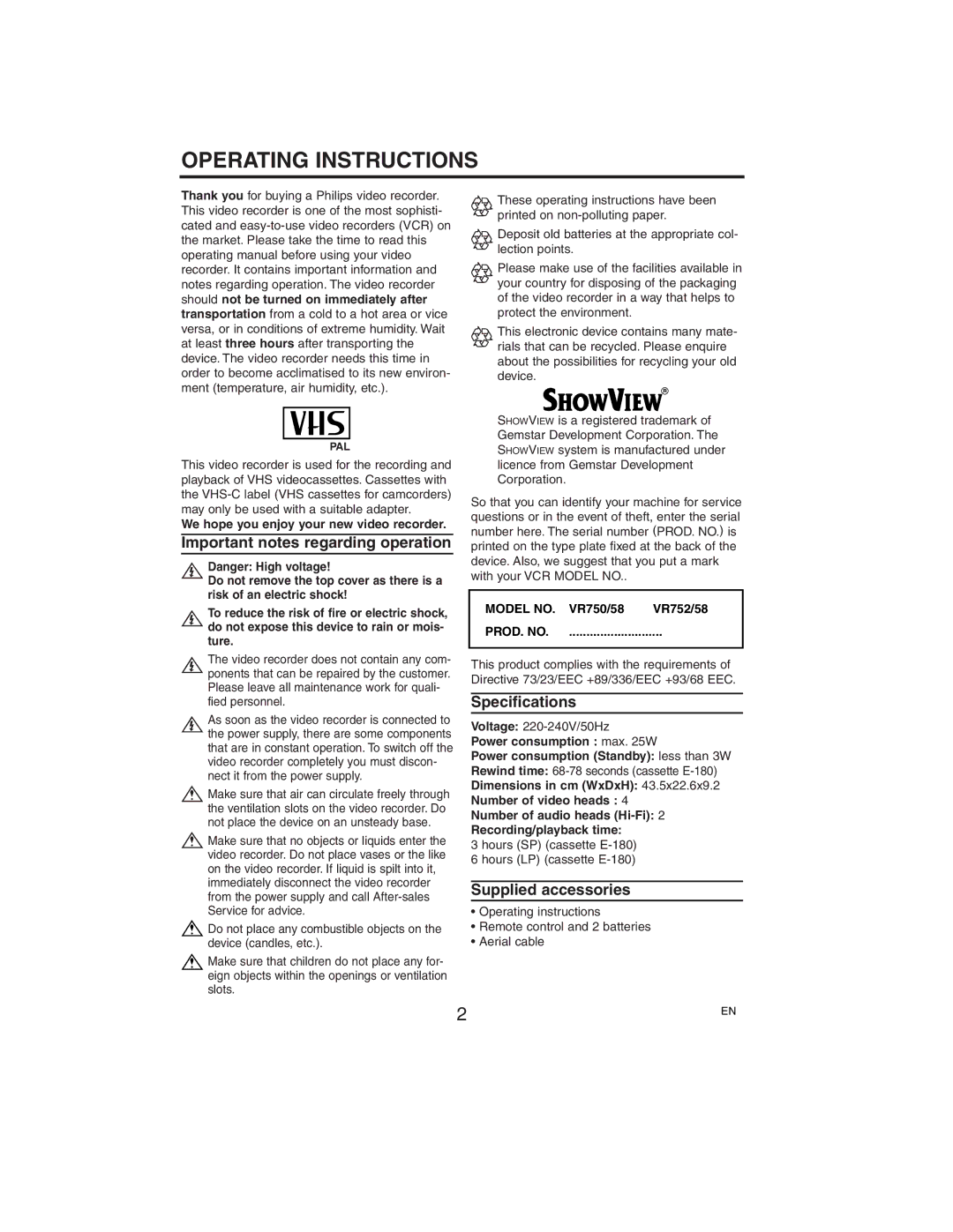 Philips VR750/58, VR752/58 manual Important notes regarding operation, Specifications, Supplied accessories 