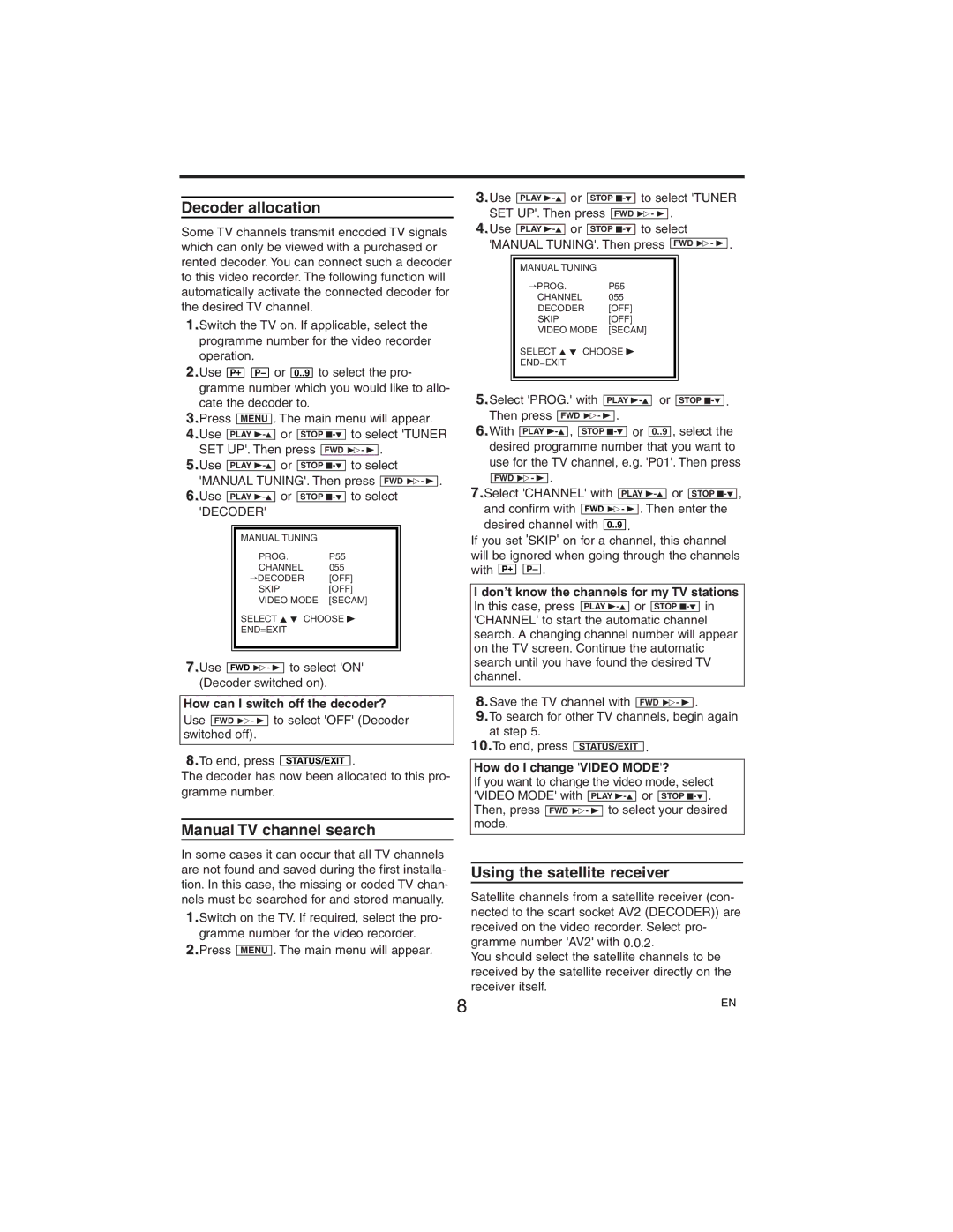 Philips VR752/58, VR750/58 manual Decoder allocation, Manual TV channel search, Using the satellite receiver 