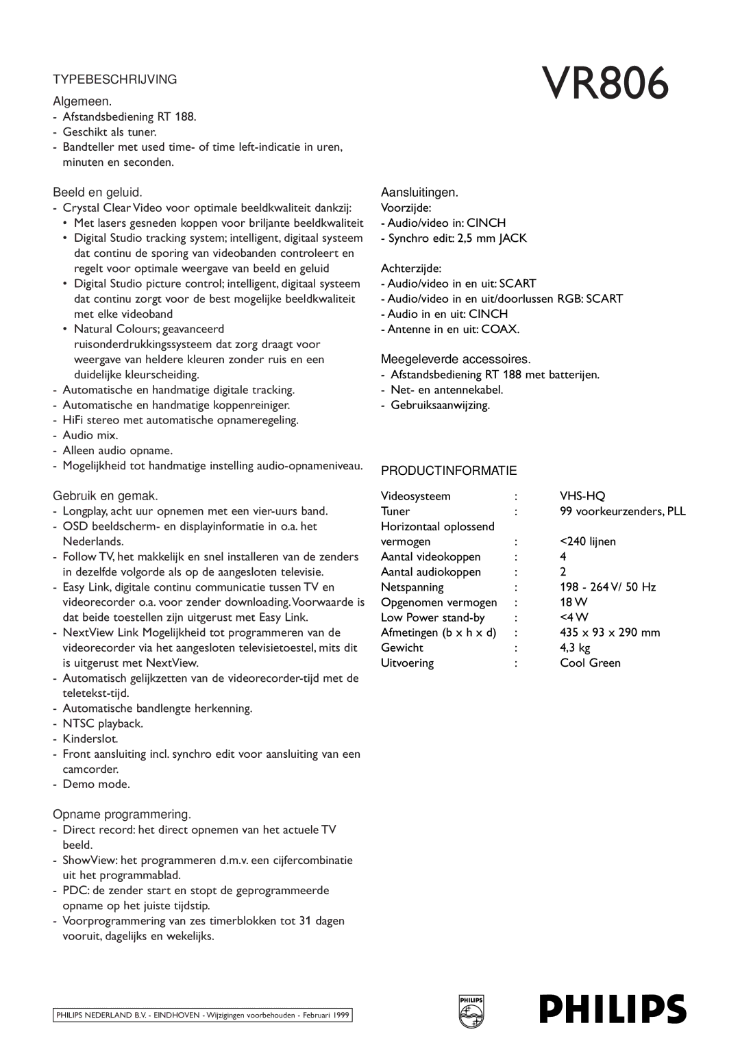 Philips VR806 manual Typebeschrijving, Productinformatie 