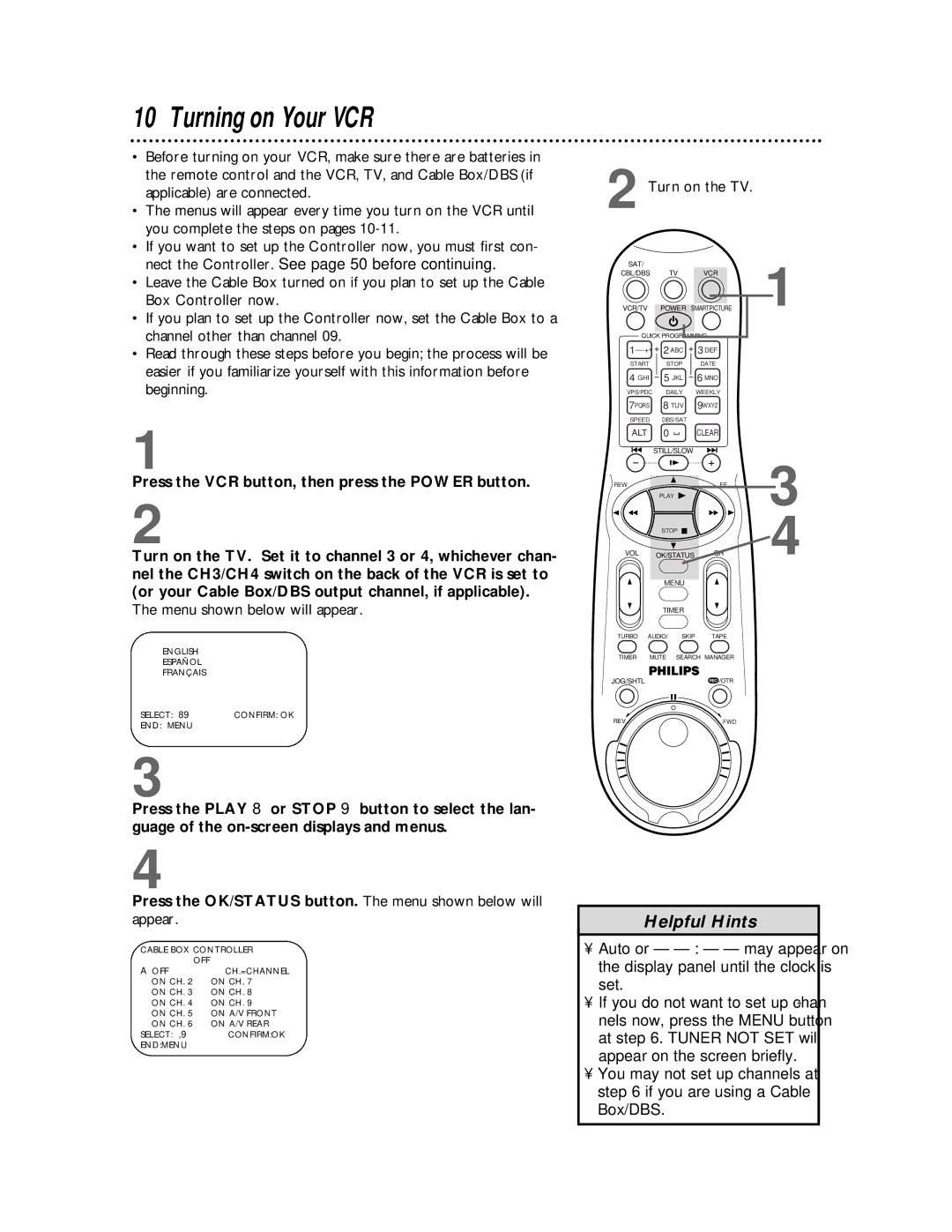 Philips VR810BPH owner manual Turning on Your VCR, Menu shown below will appear, Turn on the TV 