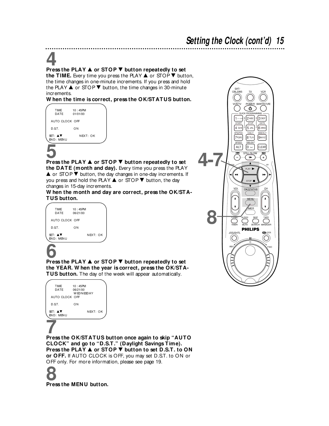 Philips VR810BPH owner manual Setting the Clock cont’d 