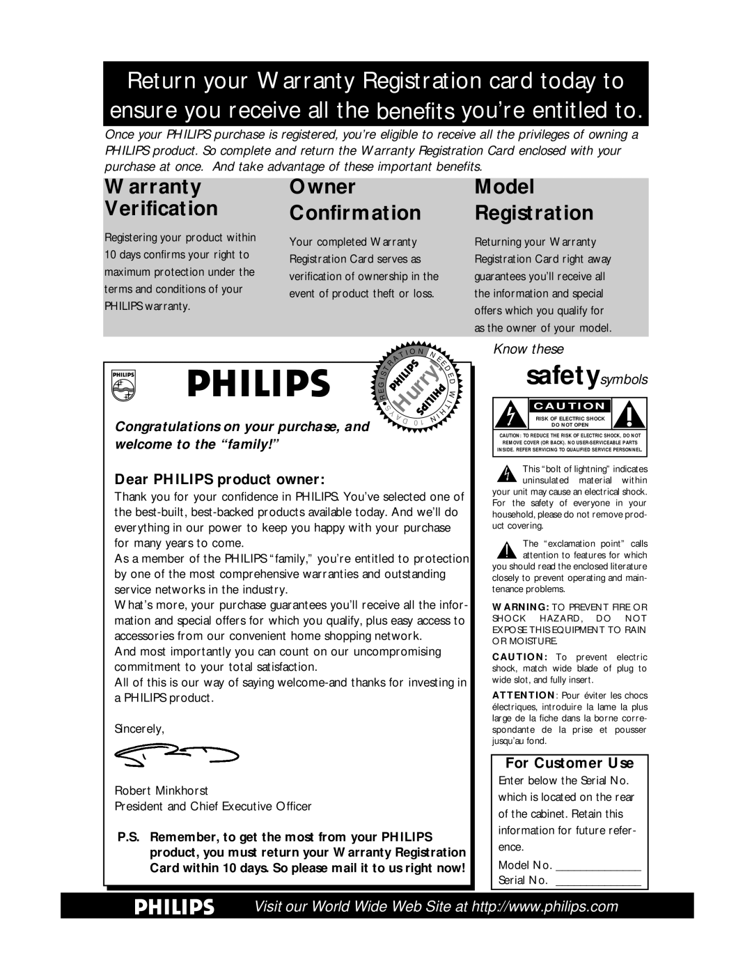 Philips VR810BPH owner manual Dear Philips product owner, For Customer Use 