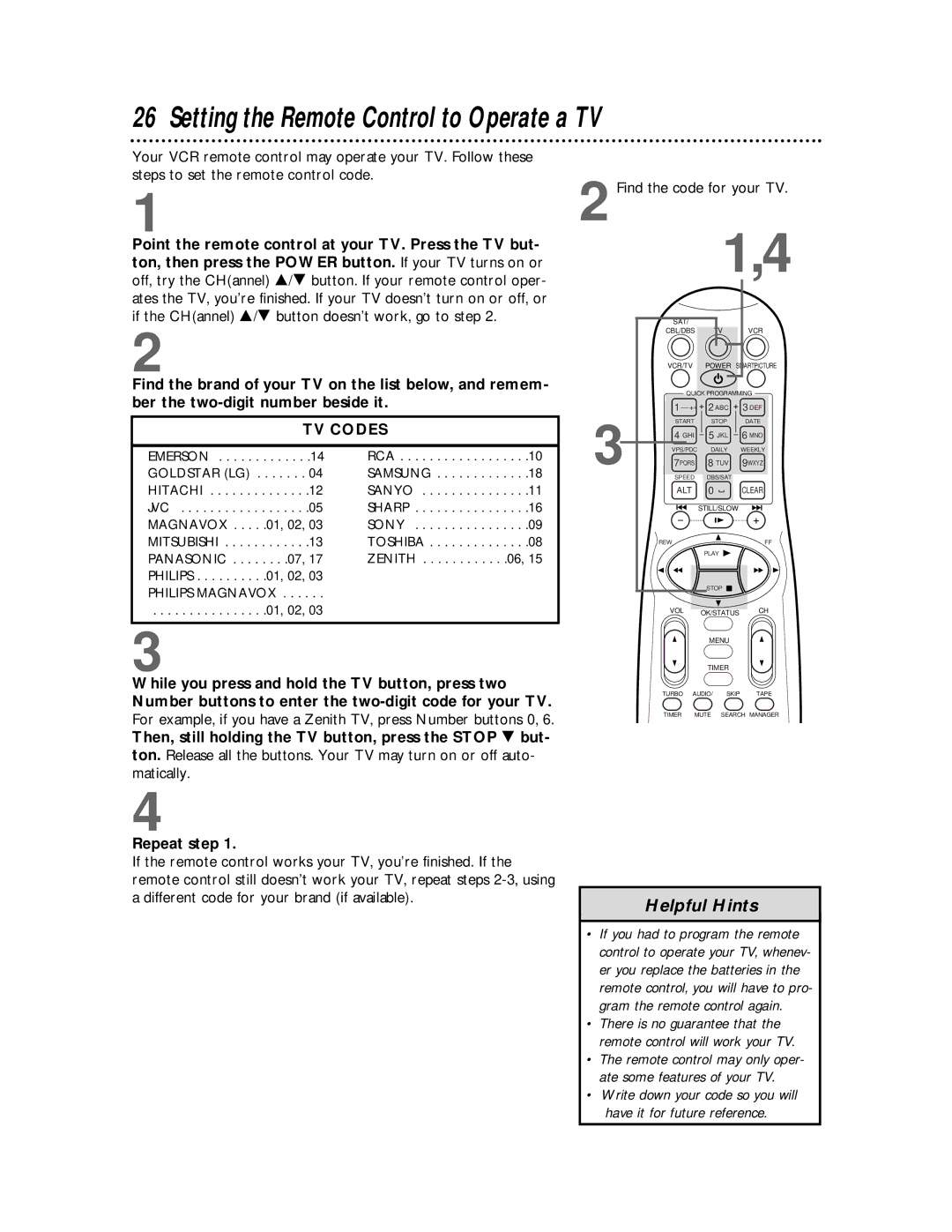 Philips VR810BPH owner manual Setting the Remote Control to Operate a TV, Repeat step 