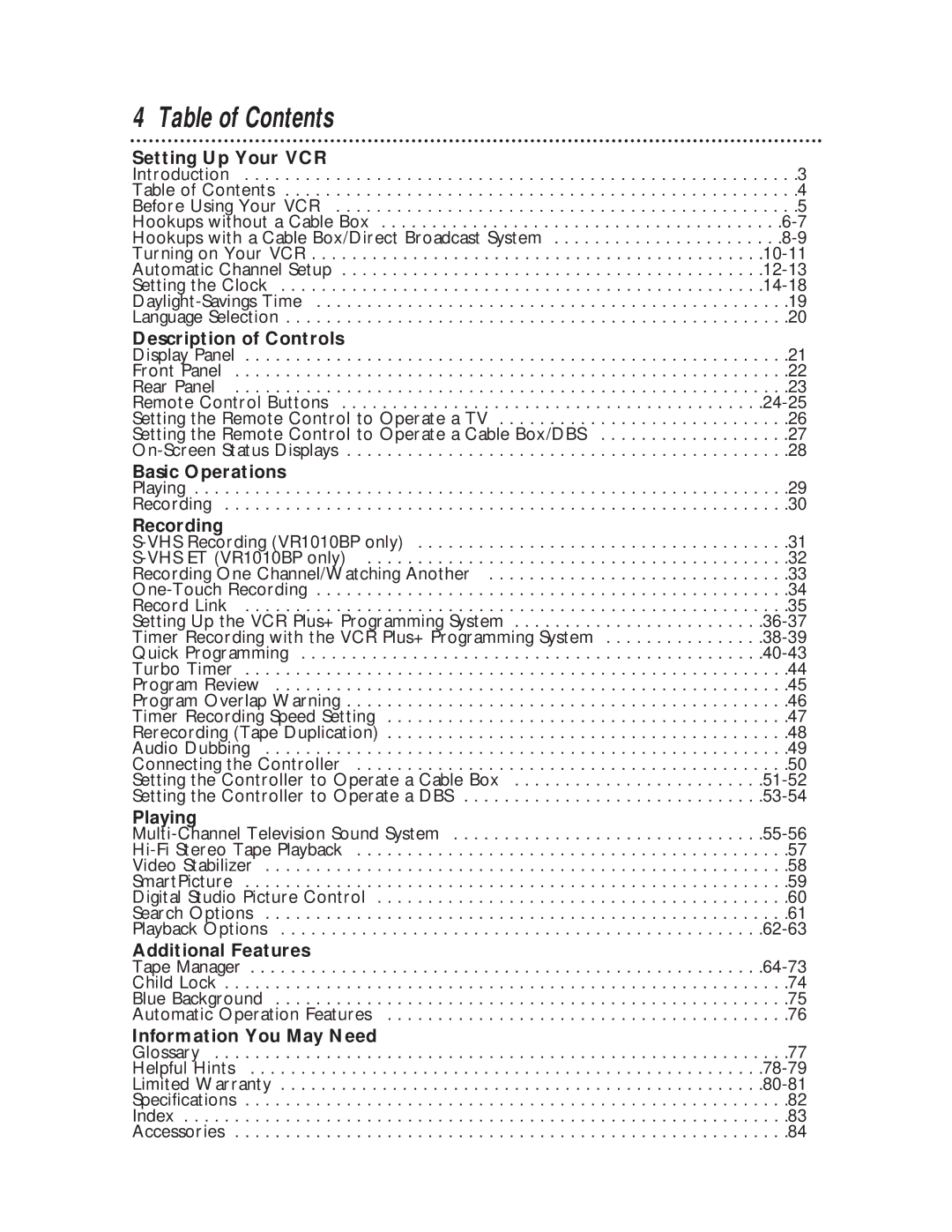 Philips VR810BPH owner manual Table of Contents 