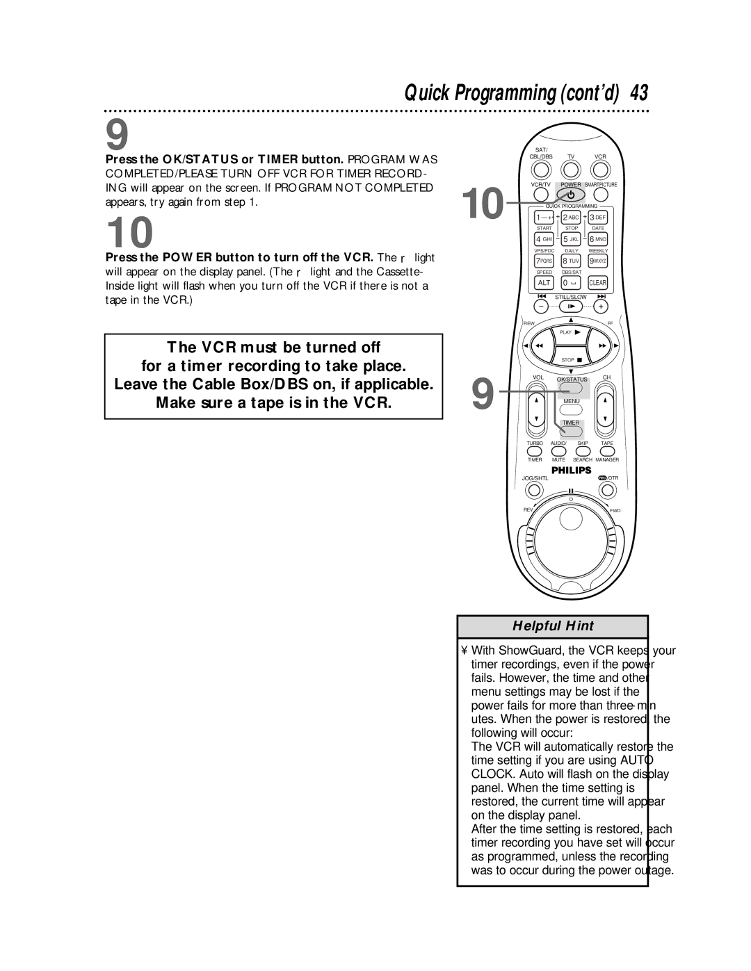 Philips VR810BPH owner manual Helpful Hint 