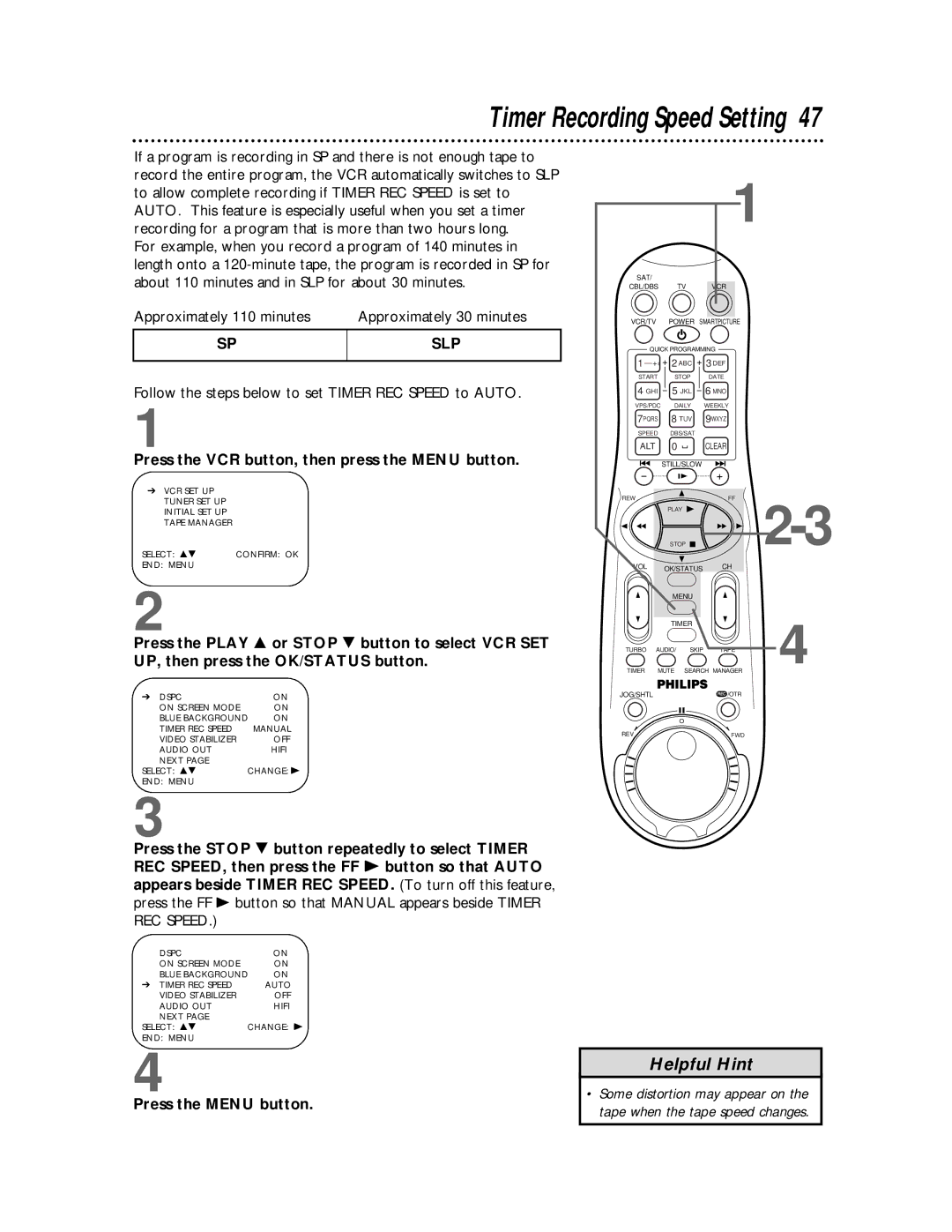 Philips VR810BPH owner manual Timer Recording Speed Setting, Follow the steps below to set Timer REC Speed to Auto 