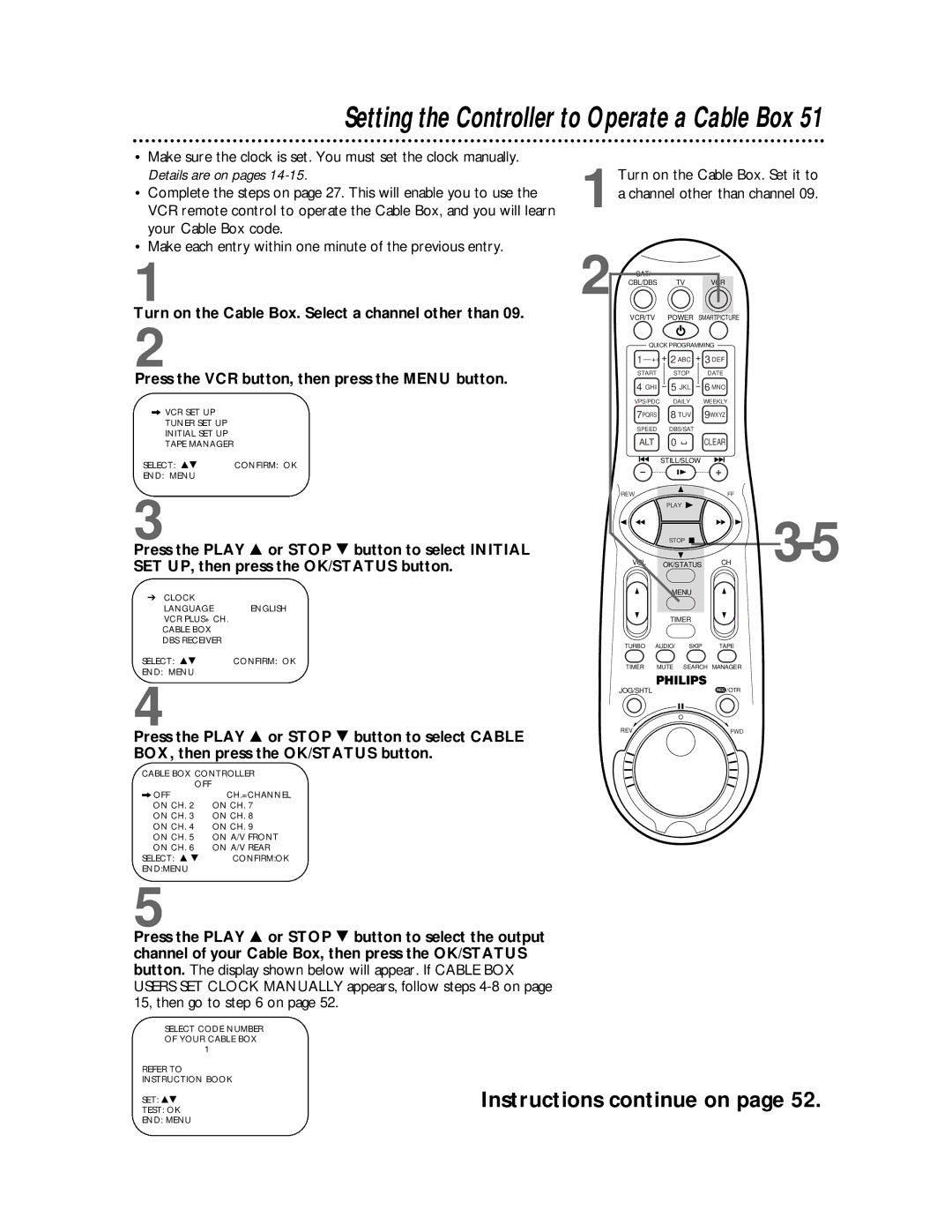 Philips VR810BPH owner manual Setting the Controller to Operate a Cable Box 