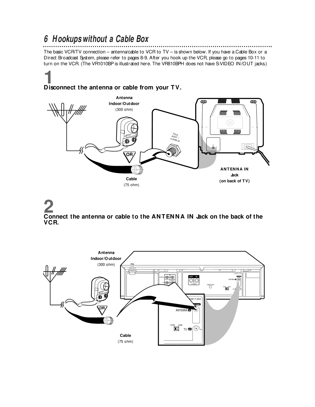 Philips VR810BPH owner manual Hookups without a Cable Box, Disconnect the antenna or cable from your TV 