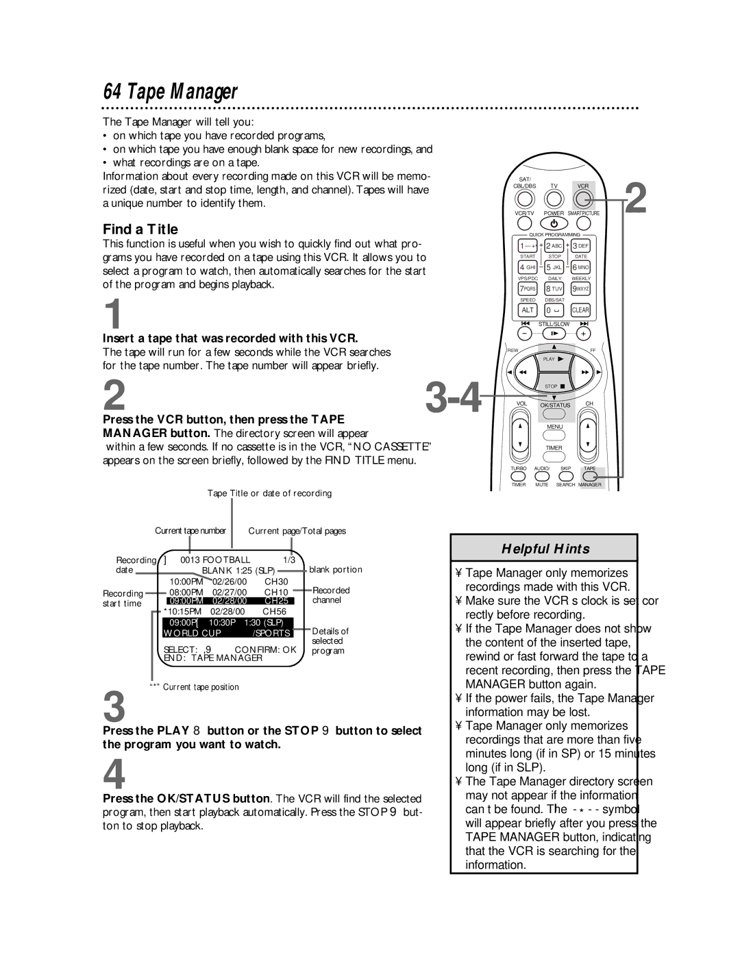 Philips VR810BPH owner manual Tape Manager, Find a Title, Insert a tape that was recorded with this VCR 