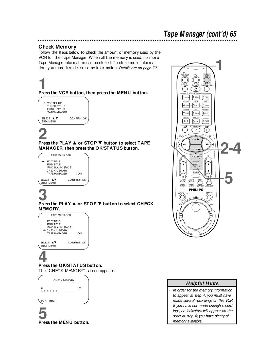 Philips VR810BPH owner manual Tape Manager cont’d, Check Memory, Press the Play 8 or Stop 9 button to select Check 