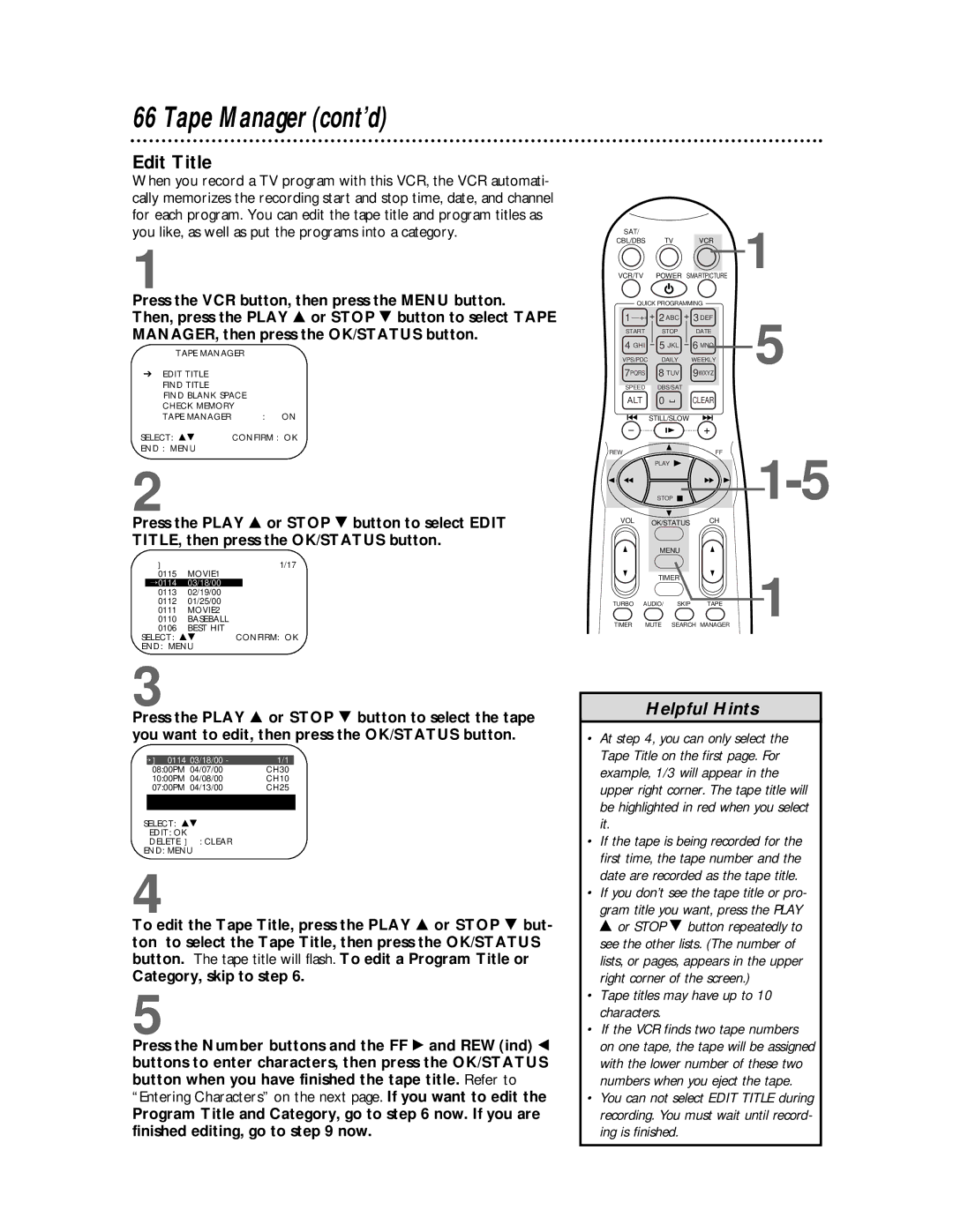 Philips VR810BPH owner manual Edit Title, If you don’t see the tape title or pro, Tape titles may have up to 10 characters 