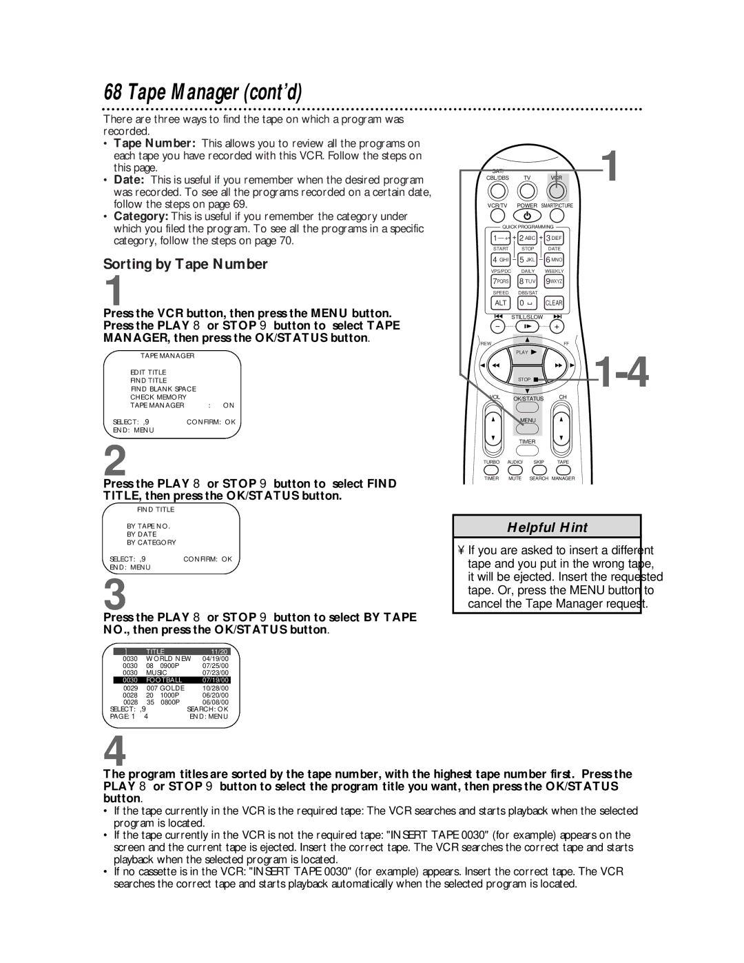 Philips VR810BPH owner manual Sorting by Tape Number, Football 