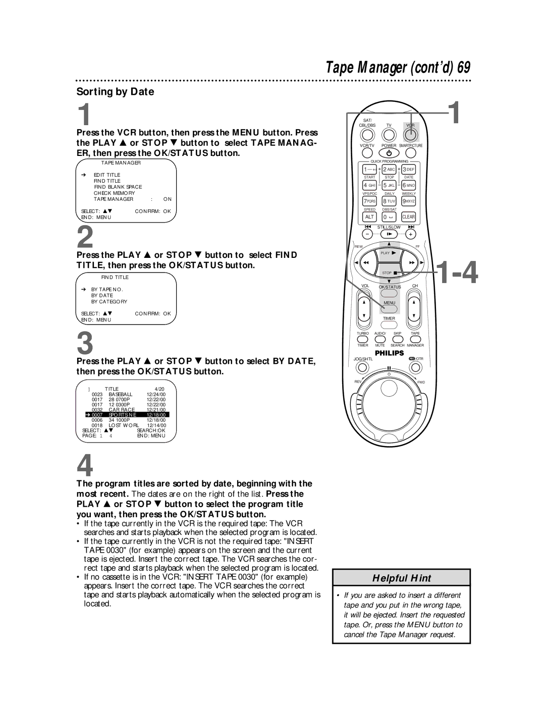 Philips VR810BPH owner manual Sorting by Date 