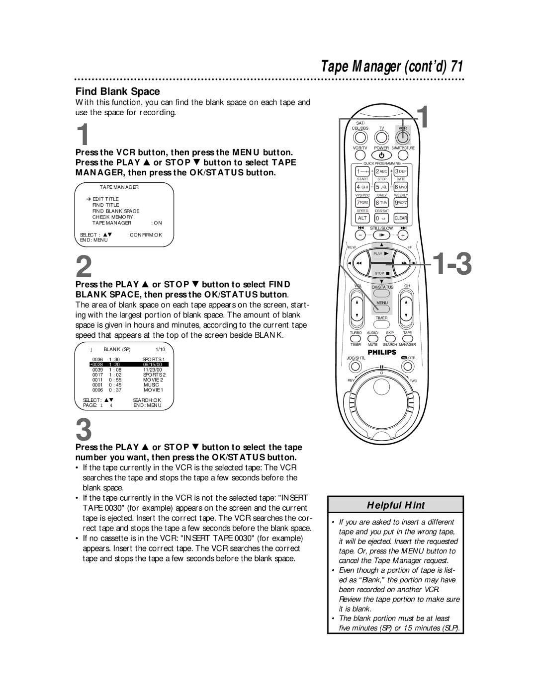 Philips VR810BPH owner manual Find Blank Space, Review the tape portion to make sure it is blank 