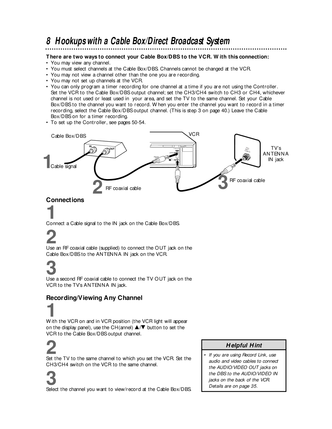 Philips VR810BPH owner manual Hookups with a Cable Box/Direct Broadcast System, Connections, Recording/Viewing Any Channel 