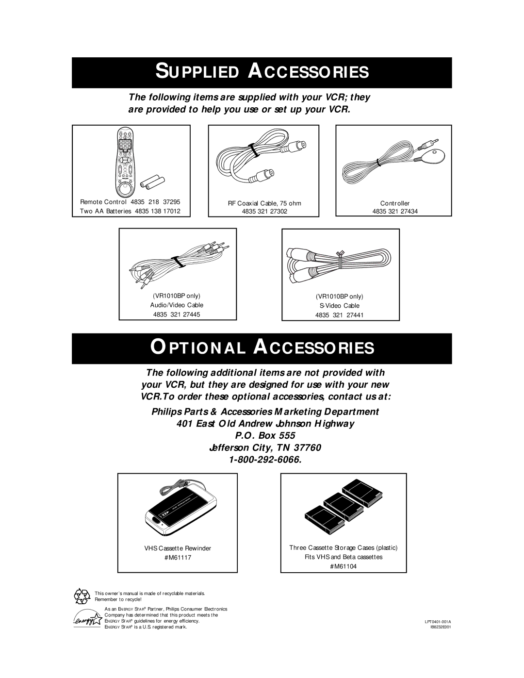 Philips VR810BPH owner manual Supplied Accessories 