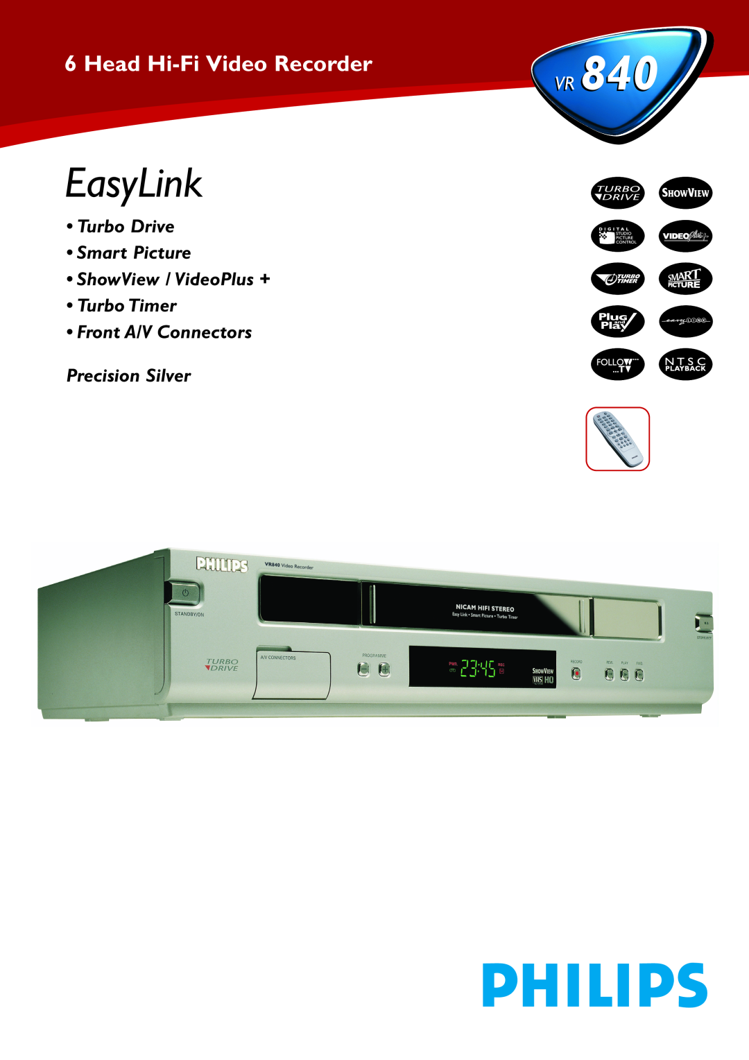 Philips VR840 manual EasyLink, Head Hi-Fi Video Recorder840, Turbo Drive Smart Picture ShowView / VideoPlus + Turbo Timer 