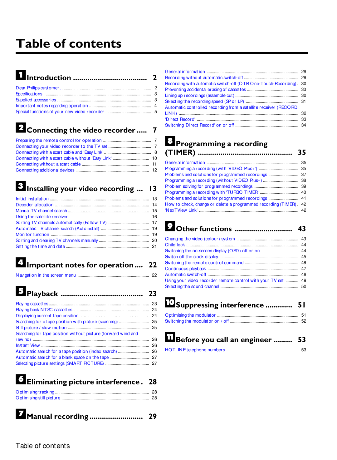 Philips VR870CC/L/P/07 specifications Table of contents 