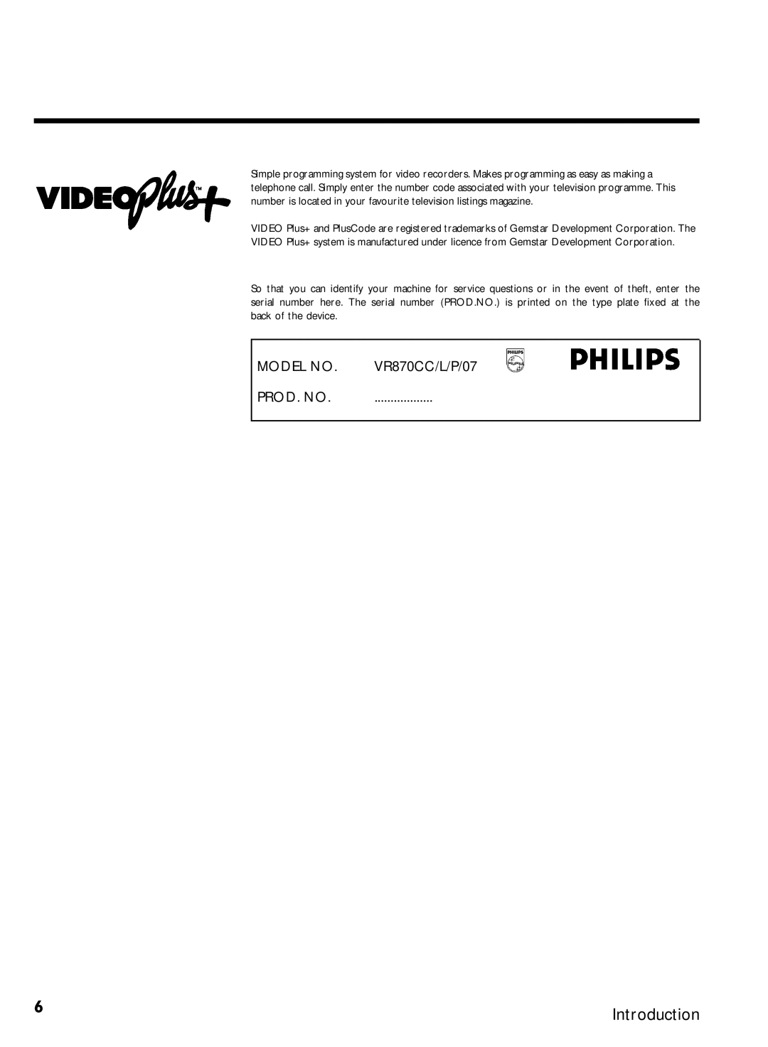 Philips VR870CC/L/P/07 specifications Model no 