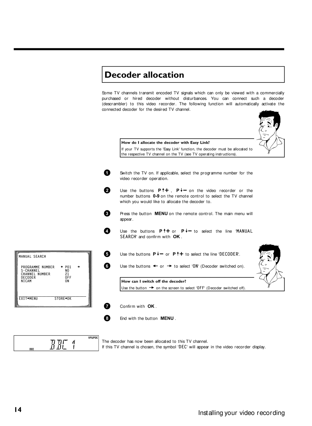 Philips VR870CC/L/P/07 specifications Decoder allocation, How do I allocate the decoder with Easy Link? 