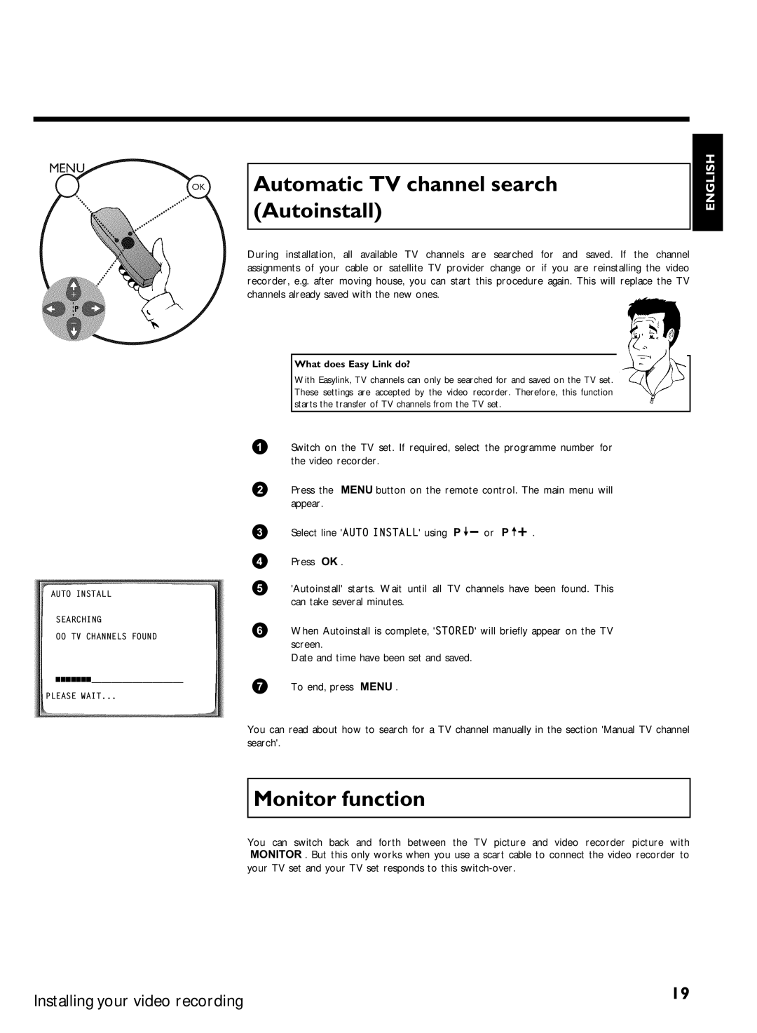 Philips VR870CC/L/P/07 specifications Automatic TV channel search, Autoinstall, Monitor function, What does Easy Link do? 