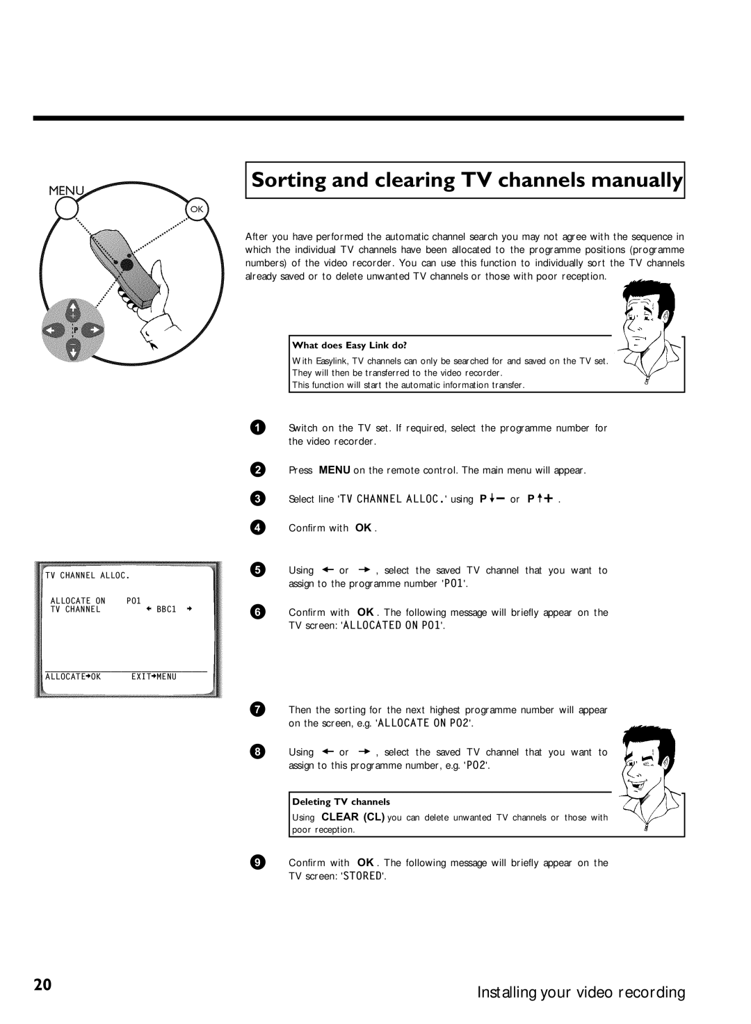 Philips VR870CC/L/P/07 specifications Sorting and clearing TV channels manually, Deleting TV channels 