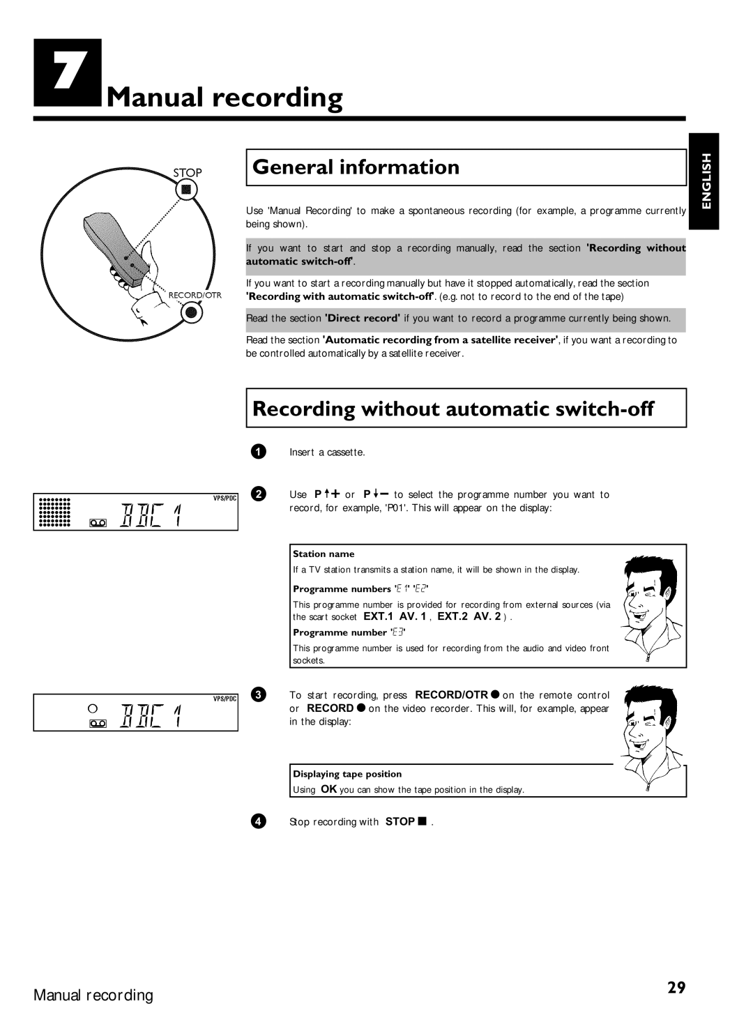 Philips VR870CC/L/P/07 specifications Manual recording, General information, Recording without automatic switch-off 