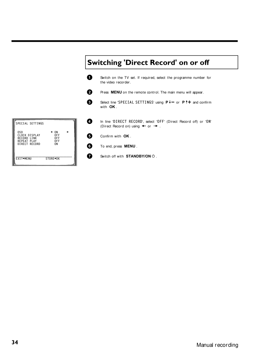 Philips VR870CC/L/P/07 specifications Switching Direct Record on or off 