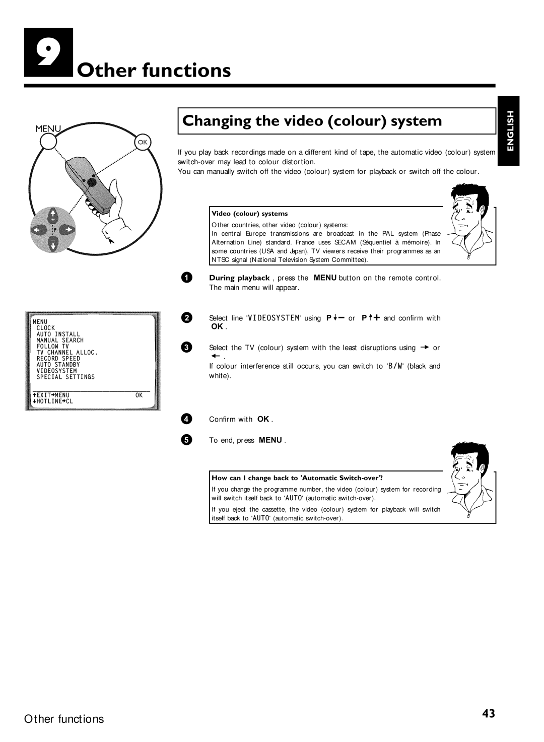 Philips VR870CC/L/P/07 specifications Other functions, Changing the video colour system, Video colour systems 