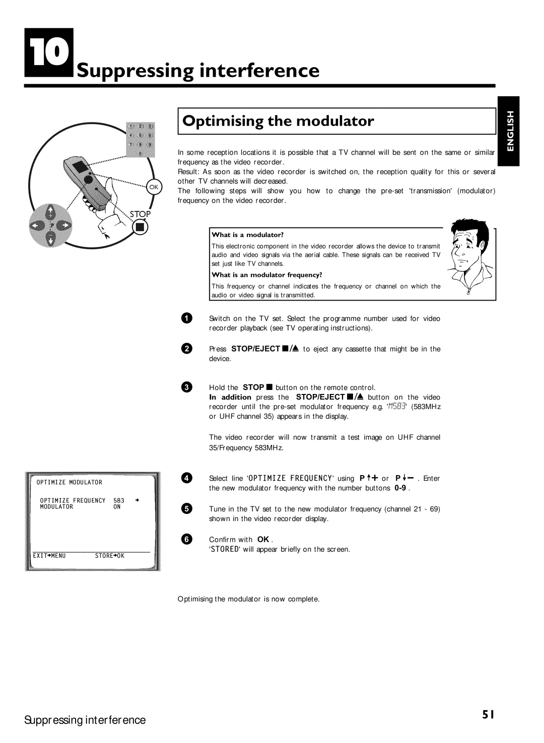 Philips VR870CC/L/P/07 specifications Suppressing interference, Optimising the modulator, Frequency as the video recorder 