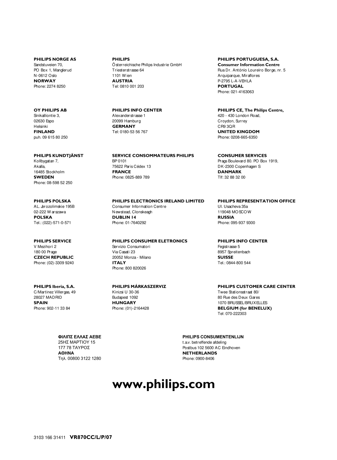 Philips 3103 166 31411 VR870CC/L/P/07, Consumer Information Centre, Philips CE, The Philips Centre, Philips Iberia, S.A 