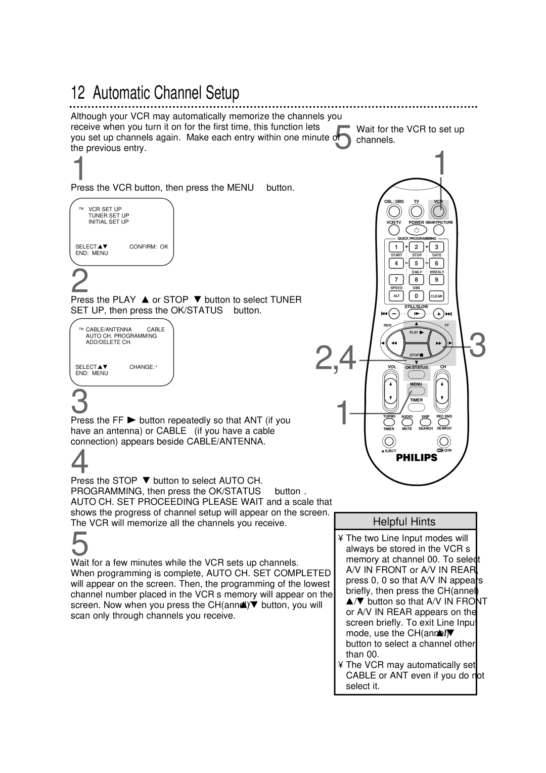 Philips VR960BPH owner manual Automatic Channel Setup, Press the VCR button, then press the Menu button 