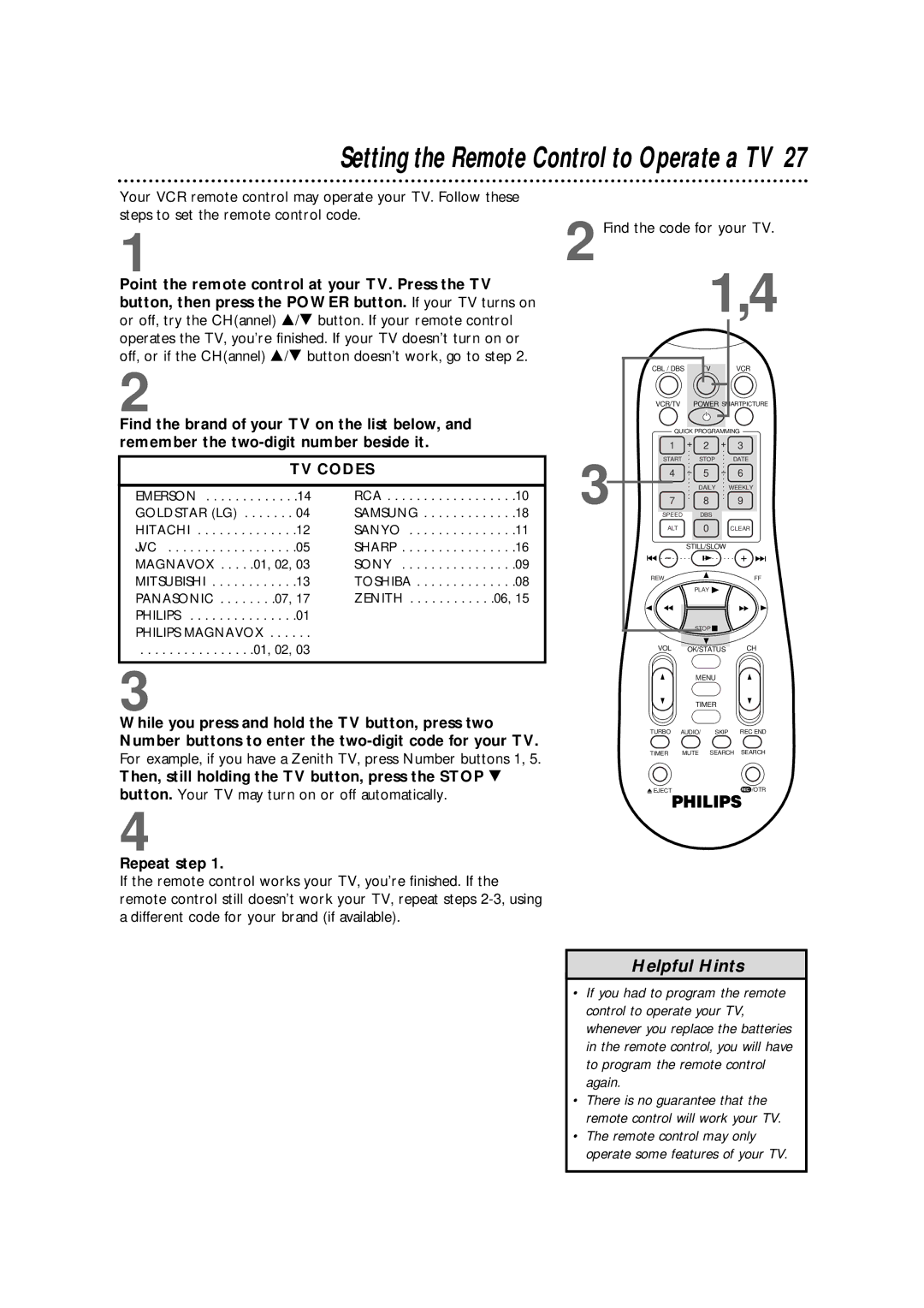 Philips VR960BPH owner manual Setting the Remote Control to Operate a TV, Repeat step 