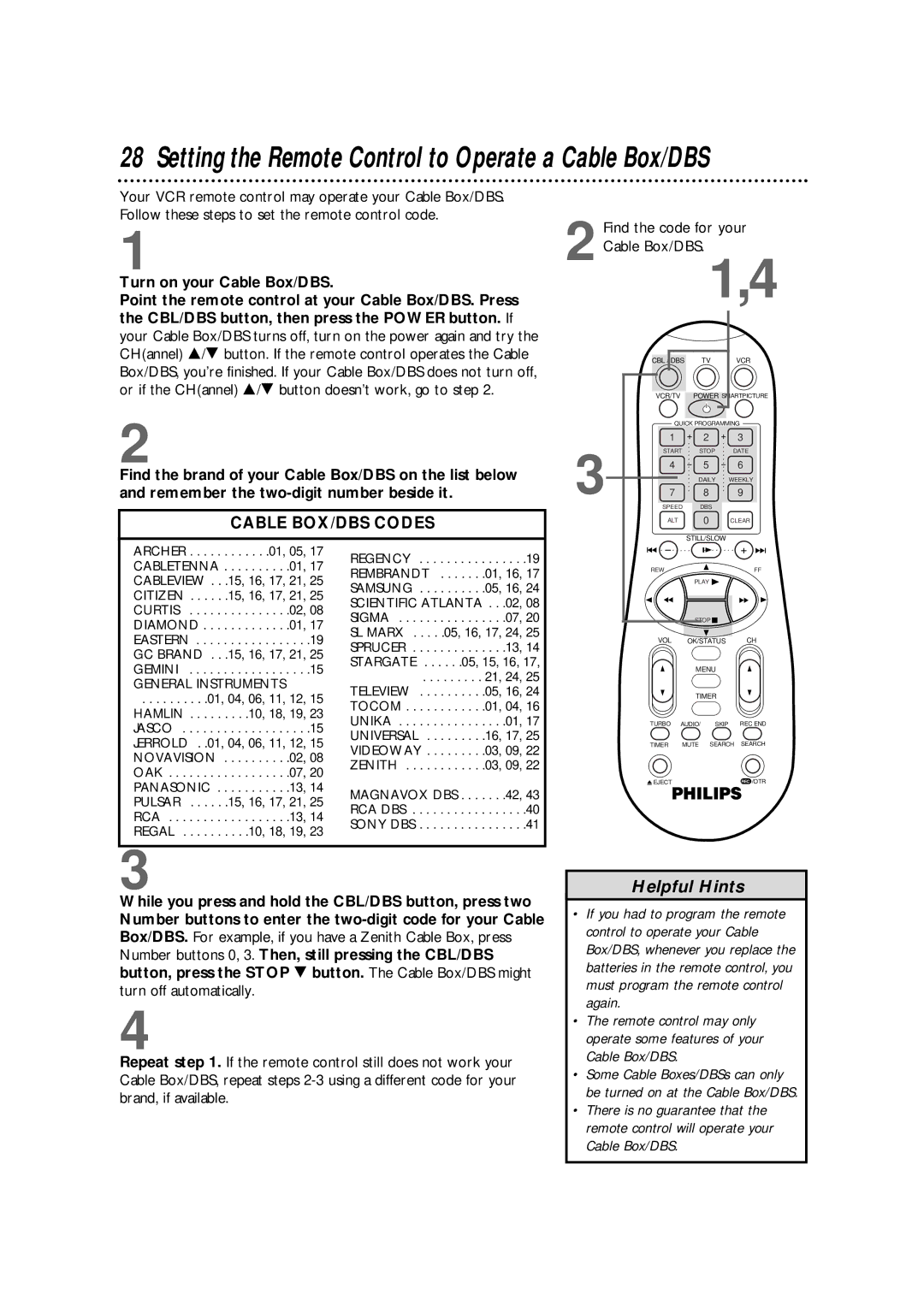 Philips VR960BPH owner manual Setting the Remote Control to Operate a Cable Box/DBS, Turn on your Cable Box/DBS 