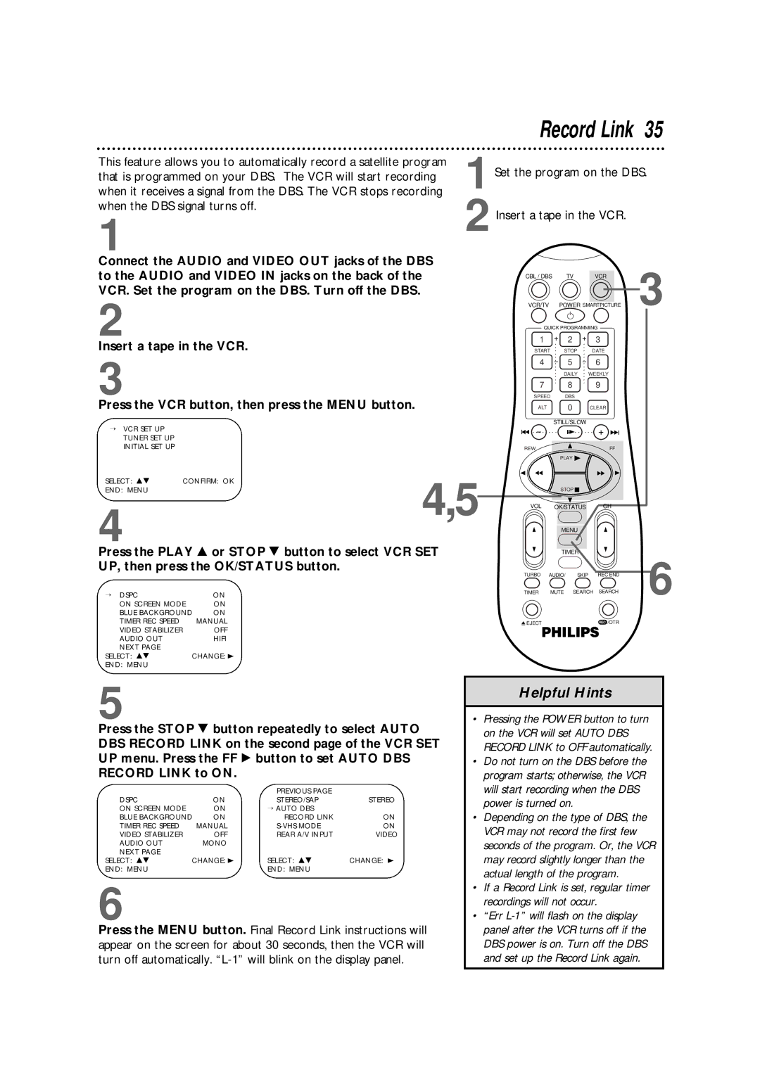 Philips VR960BPH owner manual Record Link, 1Set the program on the DBS 2Insert a tape in the VCR 