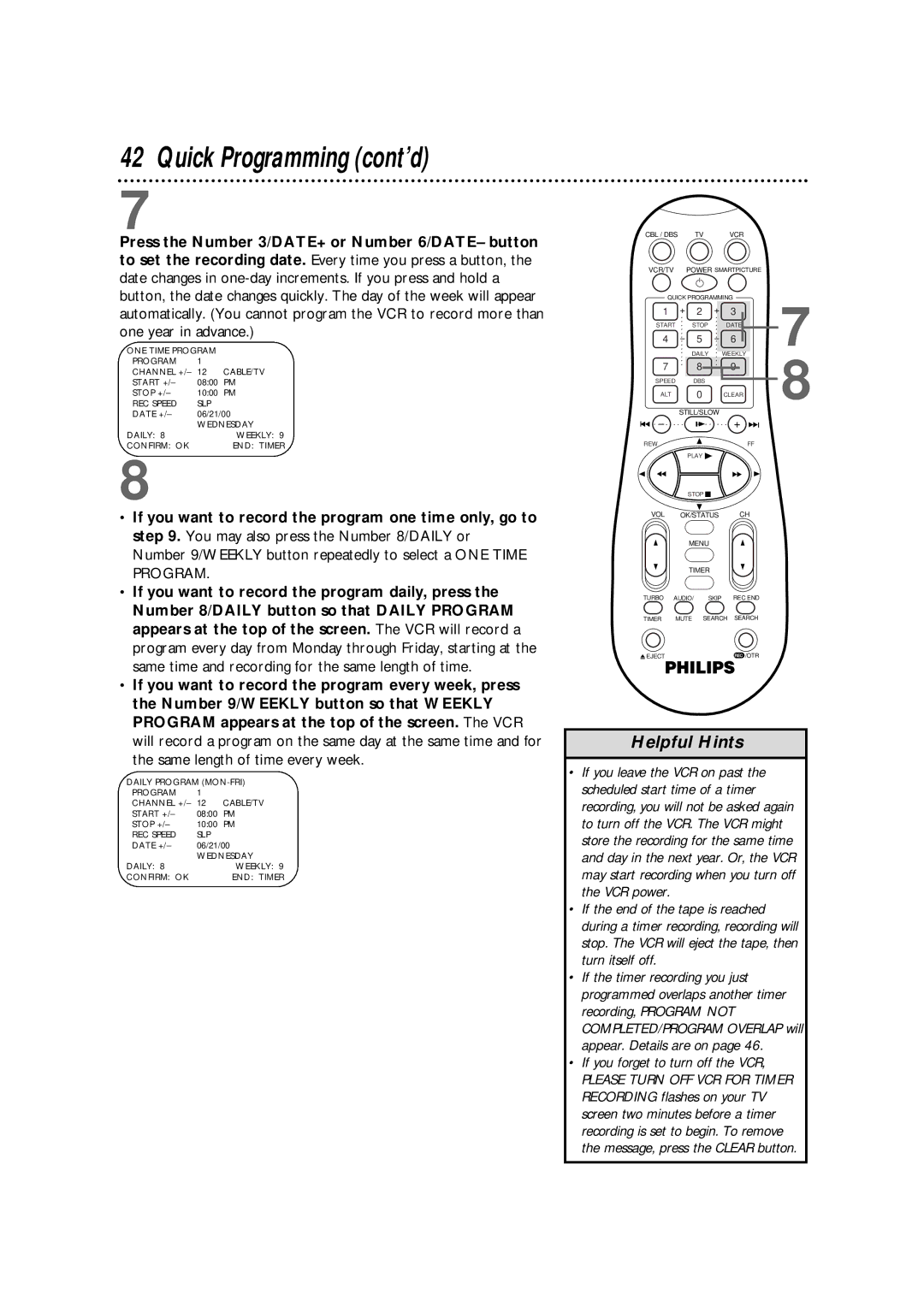 Philips VR960BPH owner manual Quick Programming cont’d, Message, press the Clear button 