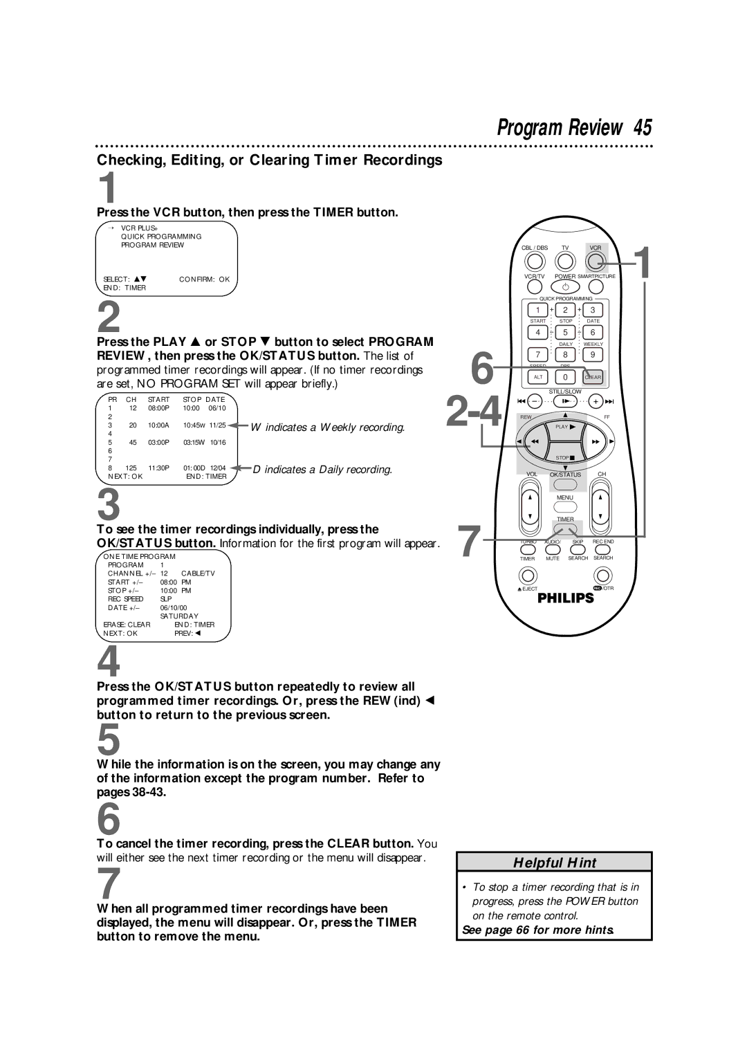 Philips VR960BPH owner manual Program Review, Checking, Editing, or Clearing Timer Recordings, Indicates a Weekly recording 