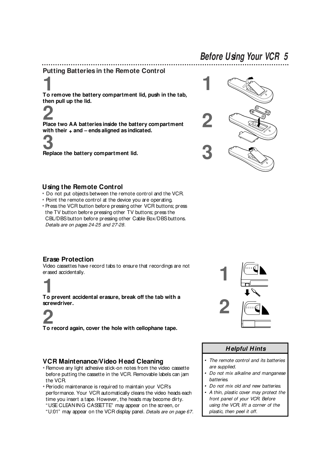 Philips VR960BPH owner manual Putting Batteries in the Remote Control, Using the Remote Control, Erase Protection 