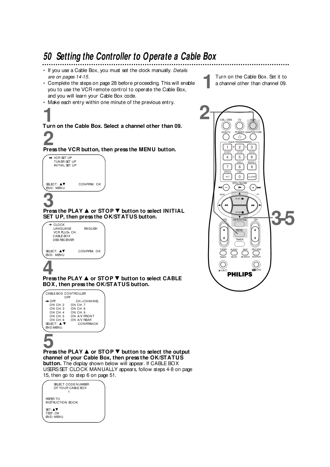 Philips VR960BPH owner manual Setting the Controller to Operate a Cable Box, Are on pages 