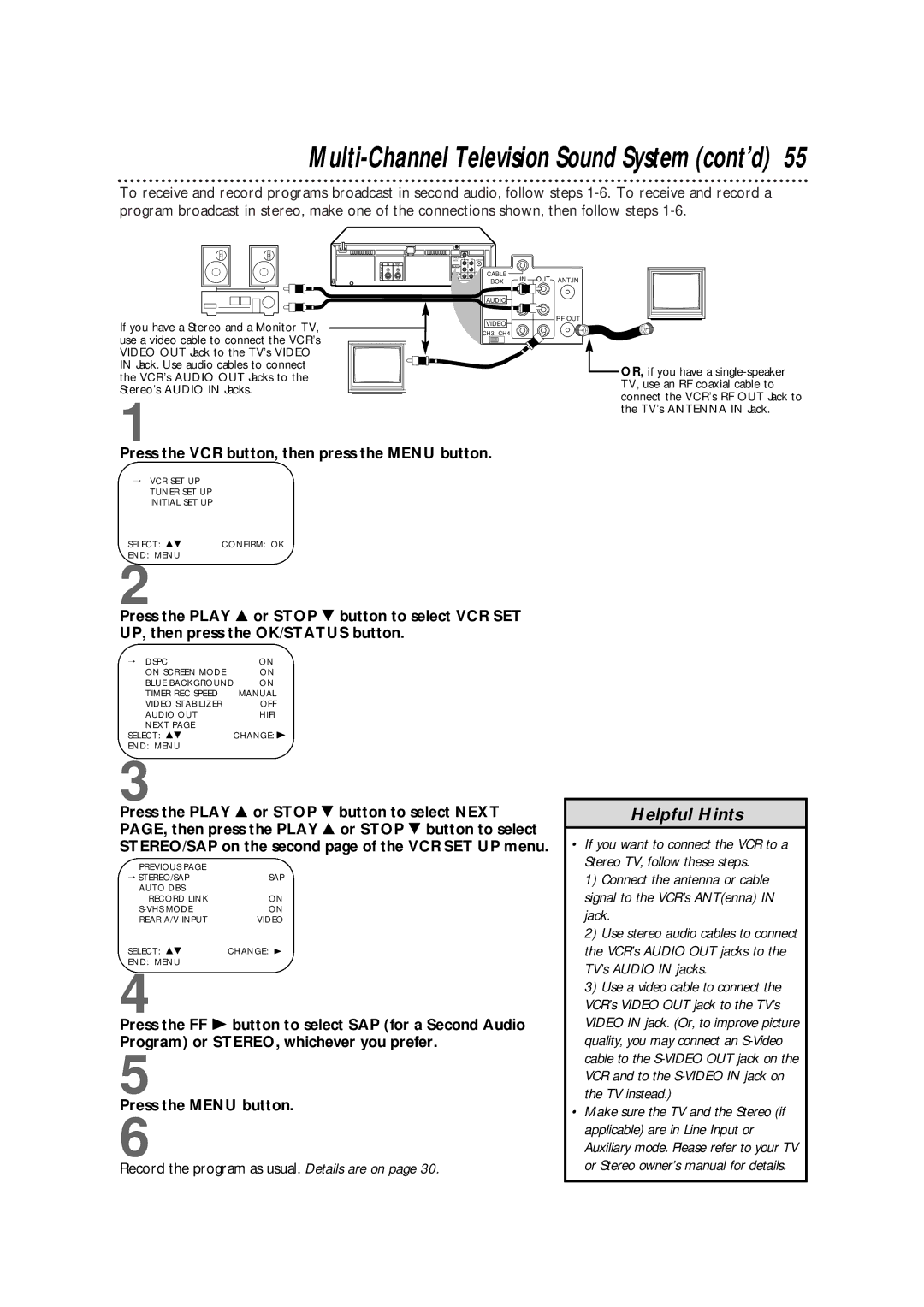 Philips VR960BPH owner manual Multi-Channel Television Sound System cont’d, Record the program as usual. Details are on 